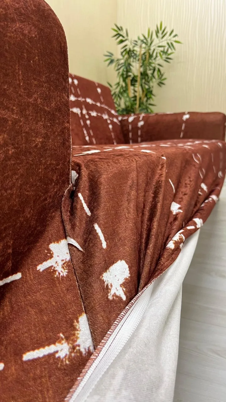 Patterned Printed Velvet Dressing Sofa Cover - Elastic Flexible Sofa Set Protector Set Model BK-15 Color 3+2+2 (3 Piece Set)