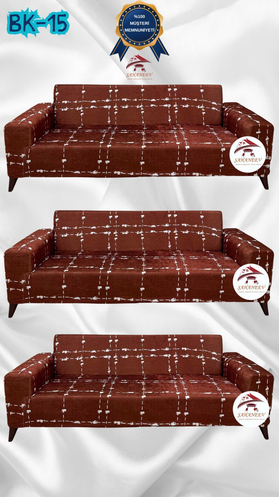 Desenli Baskılı Kadife Giydirme Koltuk Kılıfı - Elastik Esnek Koltuk Takımı Koruyucu Set Model BK-15 Renk 3+3+3 (3 Parça Set)