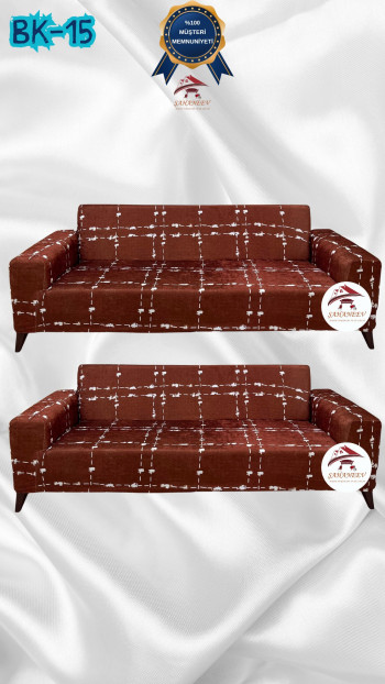 Patterned Printed Velvet Dressing Sofa Cover - Elastic Flexible Sofa Set Protector Set Model BK-15 Color 3+3 (2 Piece Set)