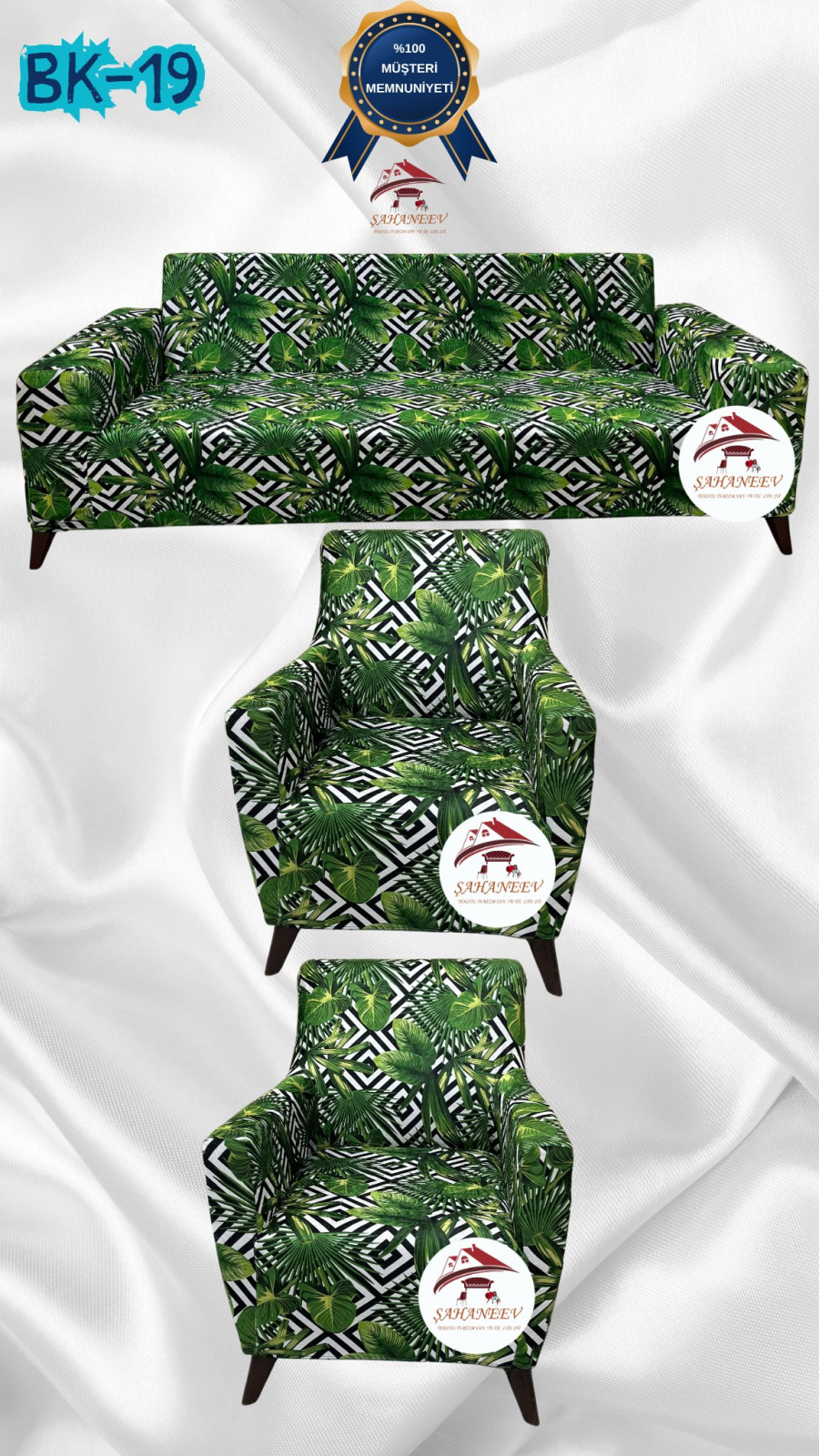 Patterned Printed Velvet Dressing Sofa Cover - Elastic Flexible Sofa Set Protector Set Model BK-19 Color 3+1+1 (3 Piece Set) Custom Size