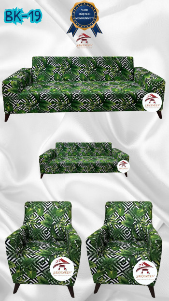 Patterned Printed Velvet Dressing Sofa Cover - Elastic Flexible Sofa Set Protector Set Model BK-19 Color 3+2+1+1 (4 Piece Set)