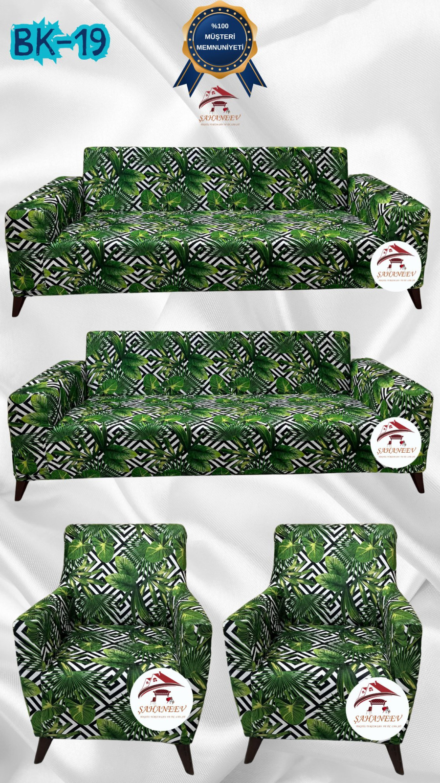 Patterned Printed Velvet Dressing Sofa Cover - Elastic Flexible Sofa Set Protector Set Model BK-19 Color 3+3+1+1 (4 Piece Set) Custom Size