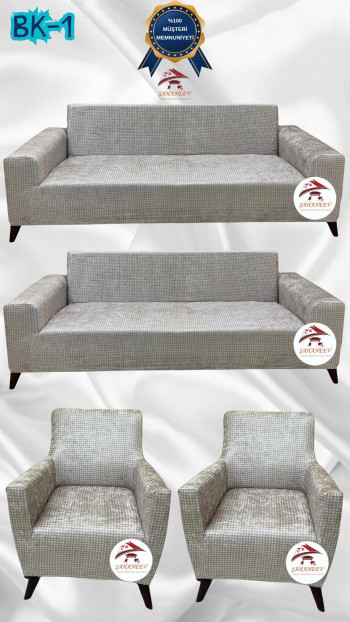 Desenli Baskılı Kadife Giydirme Koltuk Kılıfı - Elastik Esnek Koltuk Takımı Koruyucu Set Model BK-01 Renk 3+3+1+1 (4 Parça Set)