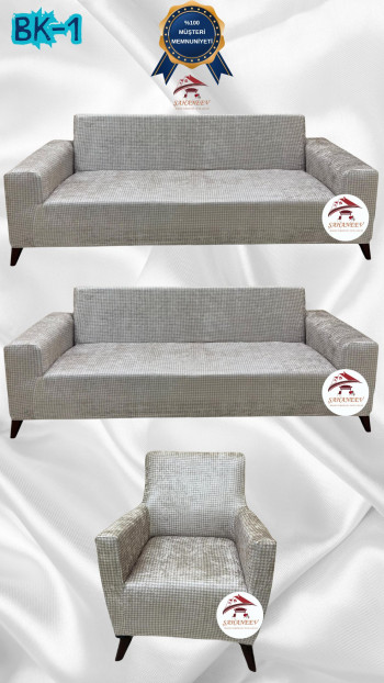 Desenli Baskılı Kadife Giydirme Koltuk Kılıfı - Elastik Esnek Koltuk Takımı Koruyucu Set Model BK-01 Renk 3+3+1 (3 Parça Set)