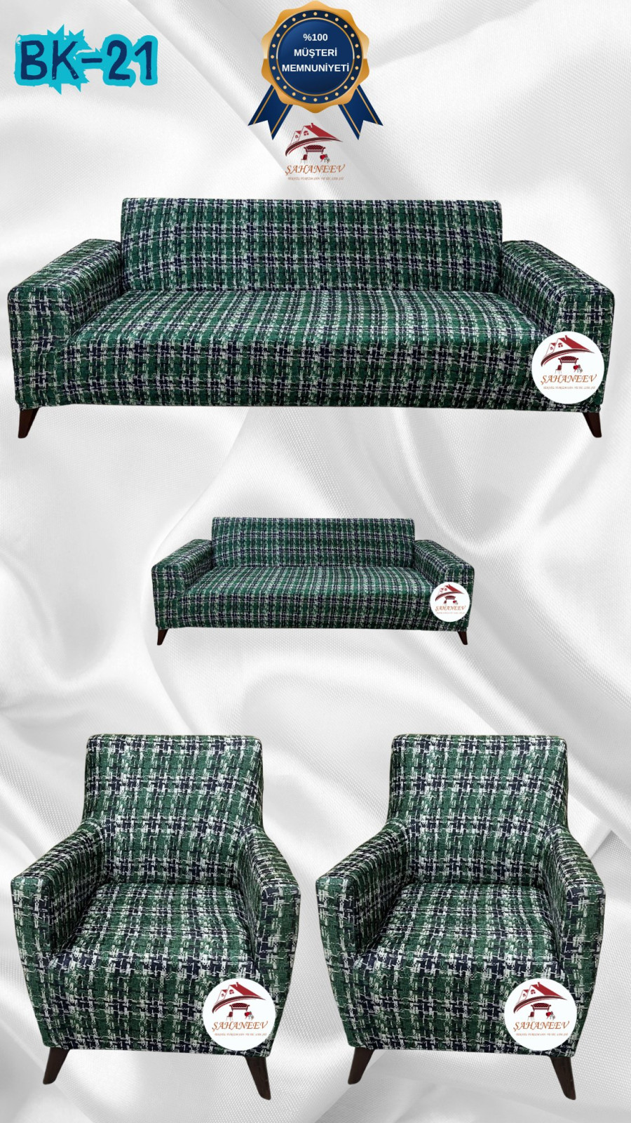 Patterned Printed Velvet Dressing Sofa Cover - Elastic Flexible Sofa Set Protector Set Model BK-21 Color 3+2+1+1 (4 Piece Set) Custom Size