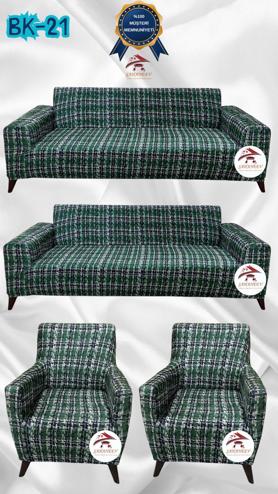 Patterned Printed Velvet Dressing Sofa Cover - Elastic Flexible Sofa Set Protector Set Model BK-21 Color 3+3+1+1 (4 Piece Set) Custom Size