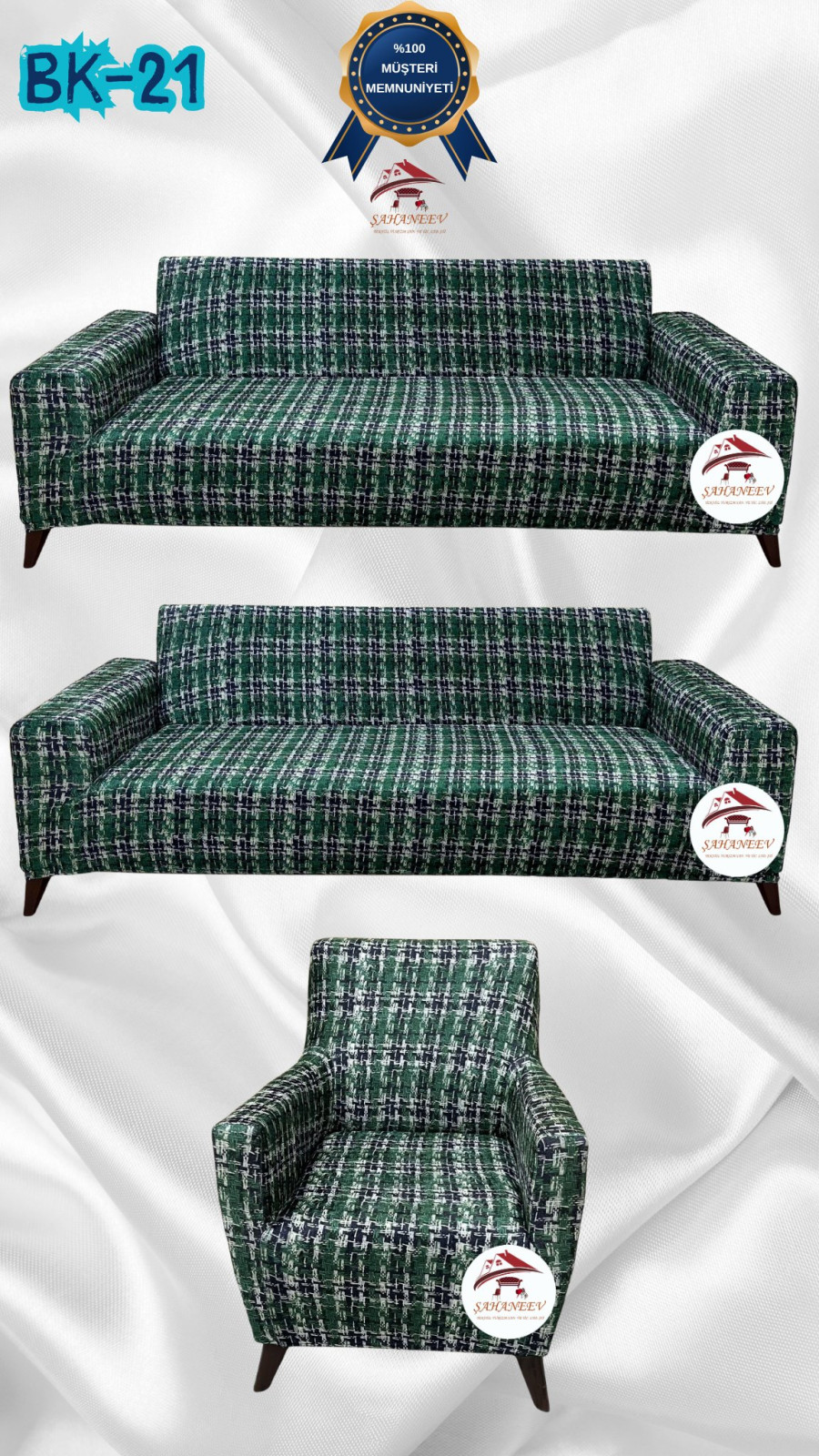 Patterned Printed Velvet Dressing Sofa Cover - Elastic Flexible Sofa Set Protector Set Model BK-21 Color 3+3+1 (3 Piece Set) Custom Size