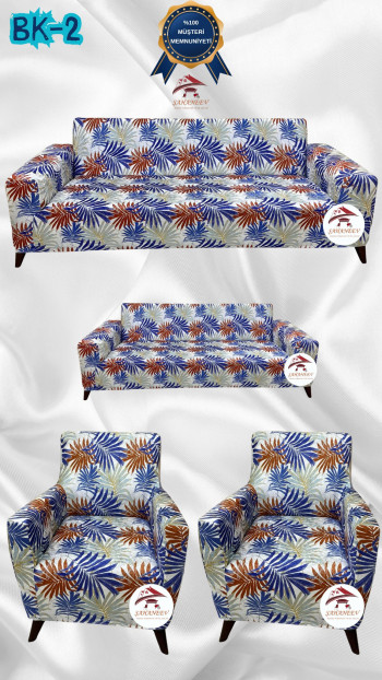 Desenli Baskılı Kadife Giydirme Koltuk Kılıfı - Elastik Esnek Koltuk Takımı Koruyucu Set Model BK-02 Renk 3+2+1+1 (4 Parça Set)