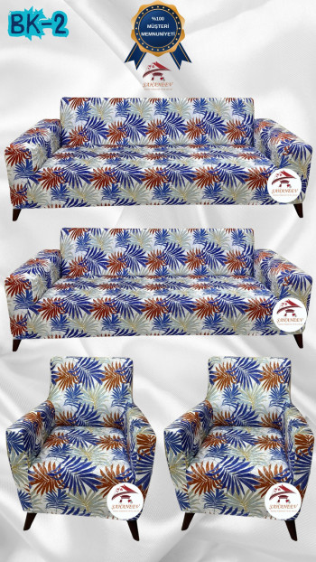 Desenli Baskılı Kadife Giydirme Koltuk Kılıfı - Elastik Esnek Koltuk Takımı Koruyucu Set Model BK-02 Renk 3+3+1+1 (4 Parça Set)