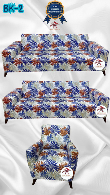 Desenli Baskılı Kadife Giydirme Koltuk Kılıfı - Elastik Esnek Koltuk Takımı Koruyucu Set Model BK-02 Renk 3+3+1 (3 Parça Set)