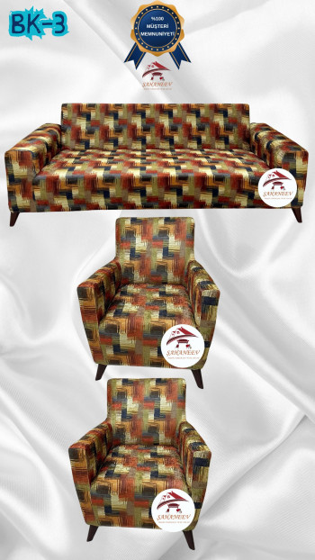 Desenli Baskılı Kadife Giydirme Koltuk Kılıfı - Elastik Esnek Koltuk Takımı Koruyucu Set Model BK-03 Renk 3+1+1 (3 Parça Set)