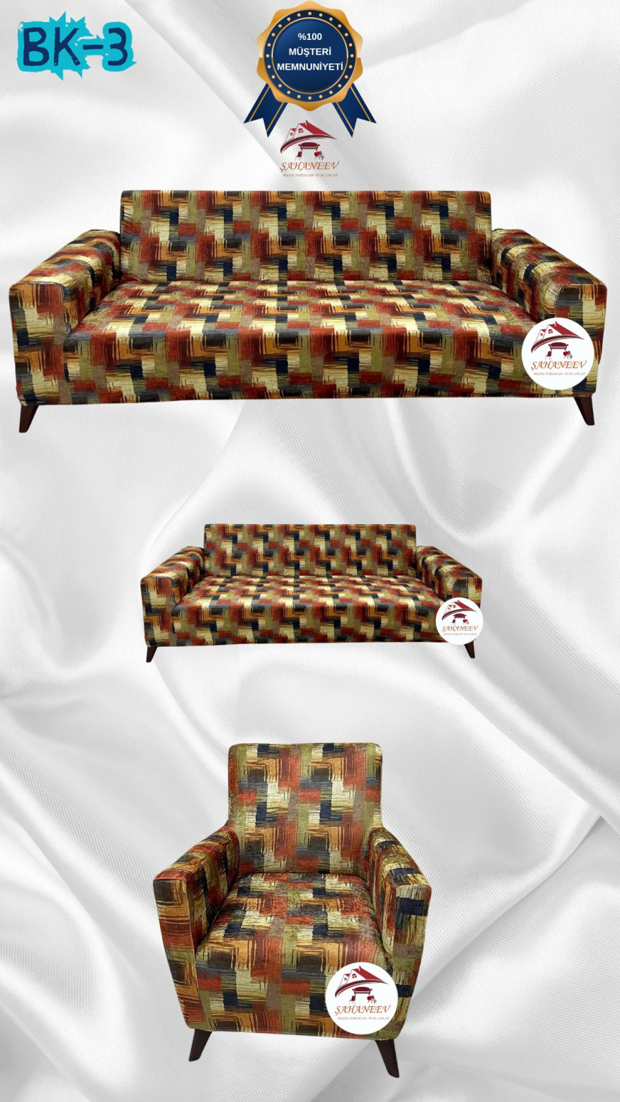Desenli Baskılı Kadife Giydirme Koltuk Kılıfı - Elastik Esnek Koltuk Takımı Koruyucu Set Model BK-03 Renk 3+2+1 (3 Parça Set) Özel Ölçü
