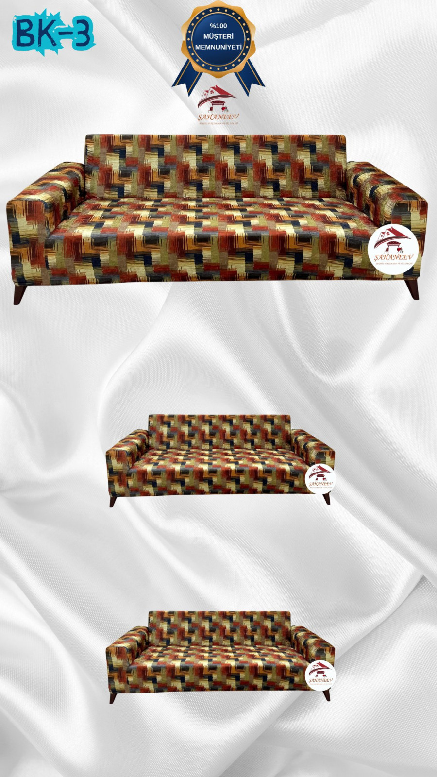 Desenli Baskılı Kadife Giydirme Koltuk Kılıfı - Elastik Esnek Koltuk Takımı Koruyucu Set Model BK-03 Renk 3+2+2 (3 Parça Set)