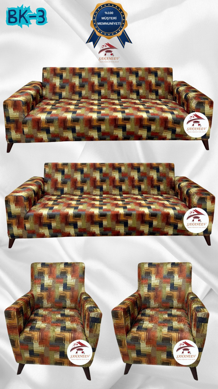 Desenli Baskılı Kadife Giydirme Koltuk Kılıfı - Elastik Esnek Koltuk Takımı Koruyucu Set Model BK-03 Renk 3+3+1+1 (4 Parça Set)