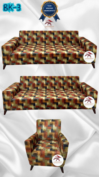Desenli Baskılı Kadife Giydirme Koltuk Kılıfı - Elastik Esnek Koltuk Takımı Koruyucu Set Model BK-03 Renk 3+3+1 (3 Parça Set)