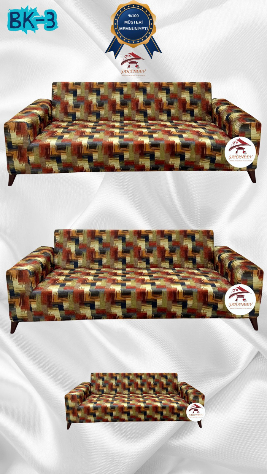Desenli Baskılı Kadife Giydirme Koltuk Kılıfı - Elastik Esnek Koltuk Takımı Koruyucu Set Model BK-03 Renk 3+3+2 (3 Parça Set) Özel Ölçü