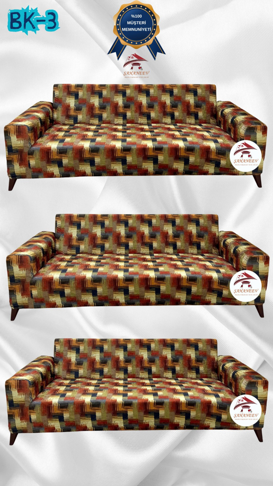 Desenli Baskılı Kadife Giydirme Koltuk Kılıfı - Elastik Esnek Koltuk Takımı Koruyucu Set Model BK-03 Renk 3+3+3 (3 Parça Set) Özel Ölçü
