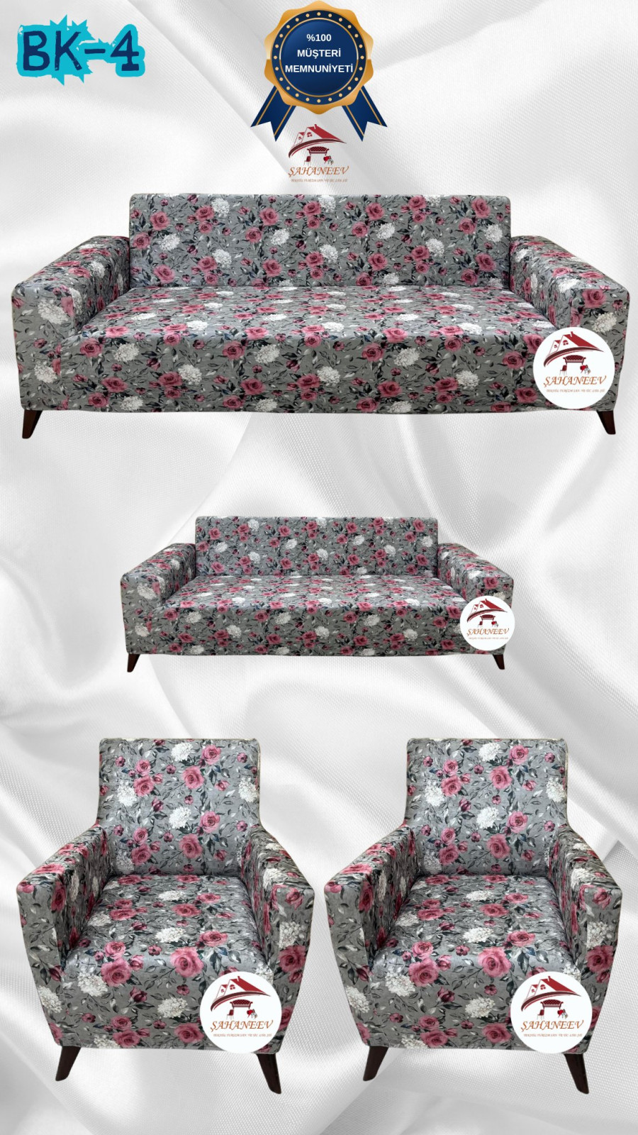 Desenli Baskılı Kadife Giydirme Koltuk Kılıfı - Elastik Esnek Koltuk Takımı Koruyucu Set Model BK-04 Renk 3+2+1+1 (4 Parça Set) Özel Ölçü