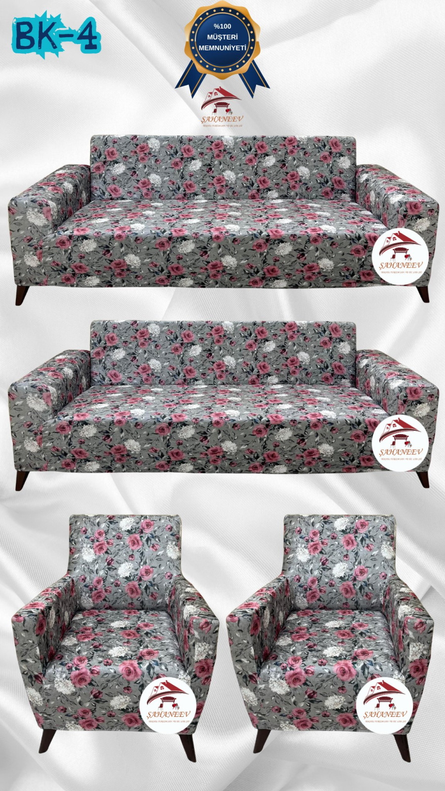 Desenli Baskılı Kadife Giydirme Koltuk Kılıfı - Elastik Esnek Koltuk Takımı Koruyucu Set Model BK-04 Renk 3+3+1+1 (4 Parça Set)