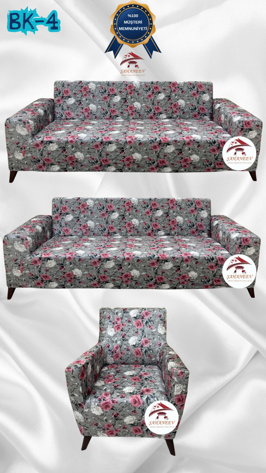 Desenli Baskılı Kadife Giydirme Koltuk Kılıfı - Elastik Esnek Koltuk Takımı Koruyucu Set Model BK-04 Renk 3+3+1 (3 Parça Set)