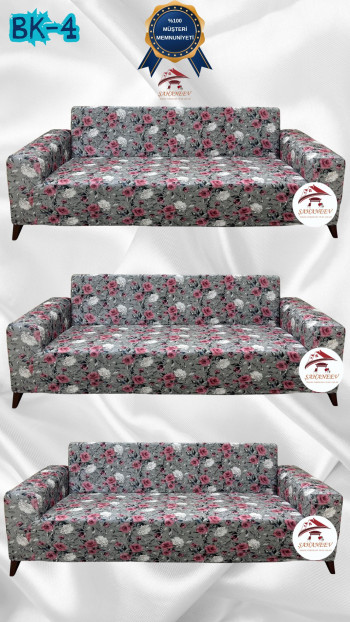 Desenli Baskılı Kadife Giydirme Koltuk Kılıfı - Elastik Esnek Koltuk Takımı Koruyucu Set Model BK-04 Renk 3+3+3 (3 Parça Set)