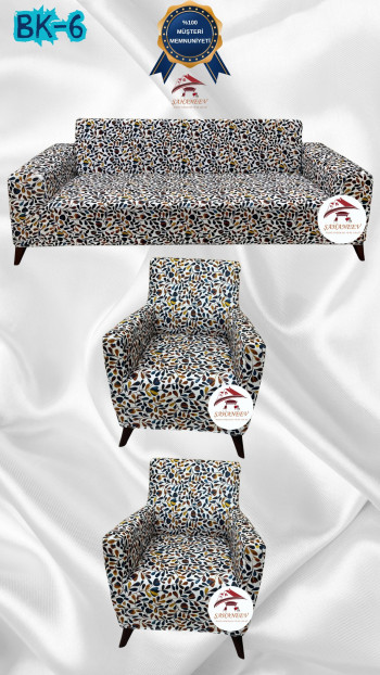Desenli Baskılı Kadife Giydirme Koltuk Kılıfı - Elastik Esnek Koltuk Takımı Koruyucu Set Model BK-06 Renk 3+1+1 (3 Parça Set)