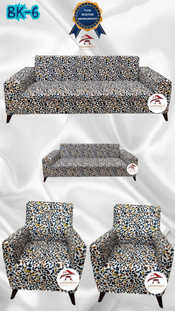 Desenli Baskılı Kadife Giydirme Koltuk Kılıfı - Elastik Esnek Koltuk Takımı Koruyucu Set Model BK-06 Renk 3+2+1+1 (4 Parça Set)