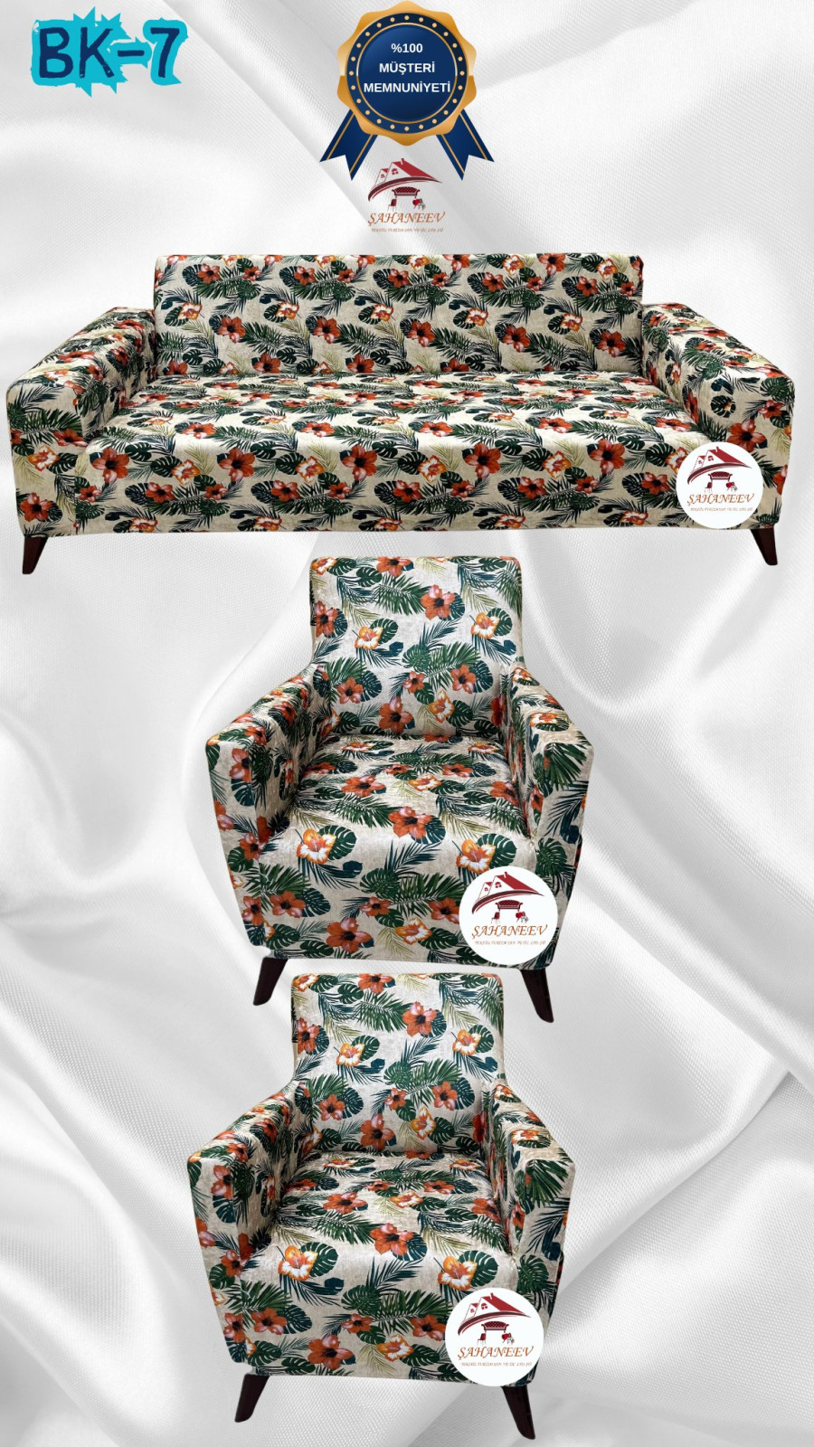 Desenli Baskılı Kadife Giydirme Koltuk Kılıfı - Elastik Esnek Koltuk Takımı Koruyucu Set Model BK-07 Renk 3+1+1 (3 Parça Set) Özel Ölçü