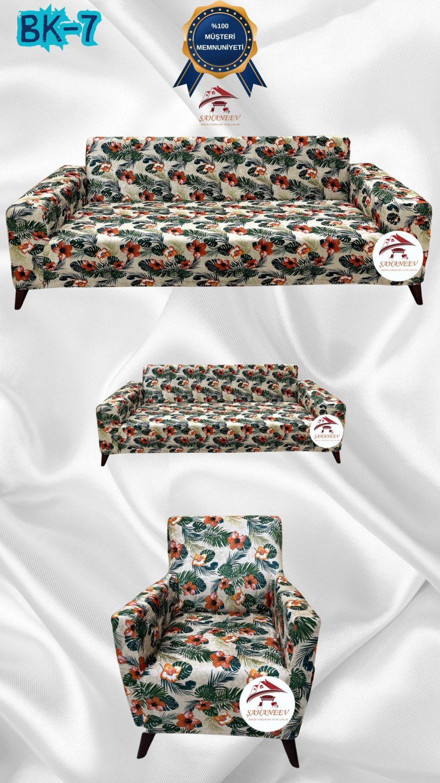 Desenli Baskılı Kadife Giydirme Koltuk Kılıfı - Elastik Esnek Koltuk Takımı Koruyucu Set Model BK-07 Renk 3+2+1 (3 Parça Set)