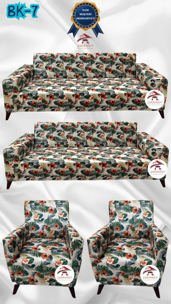 Desenli Baskılı Kadife Giydirme Koltuk Kılıfı - Elastik Esnek Koltuk Takımı Koruyucu Set Model BK-07 Renk 3+3+1+1 (4 Parça Set)