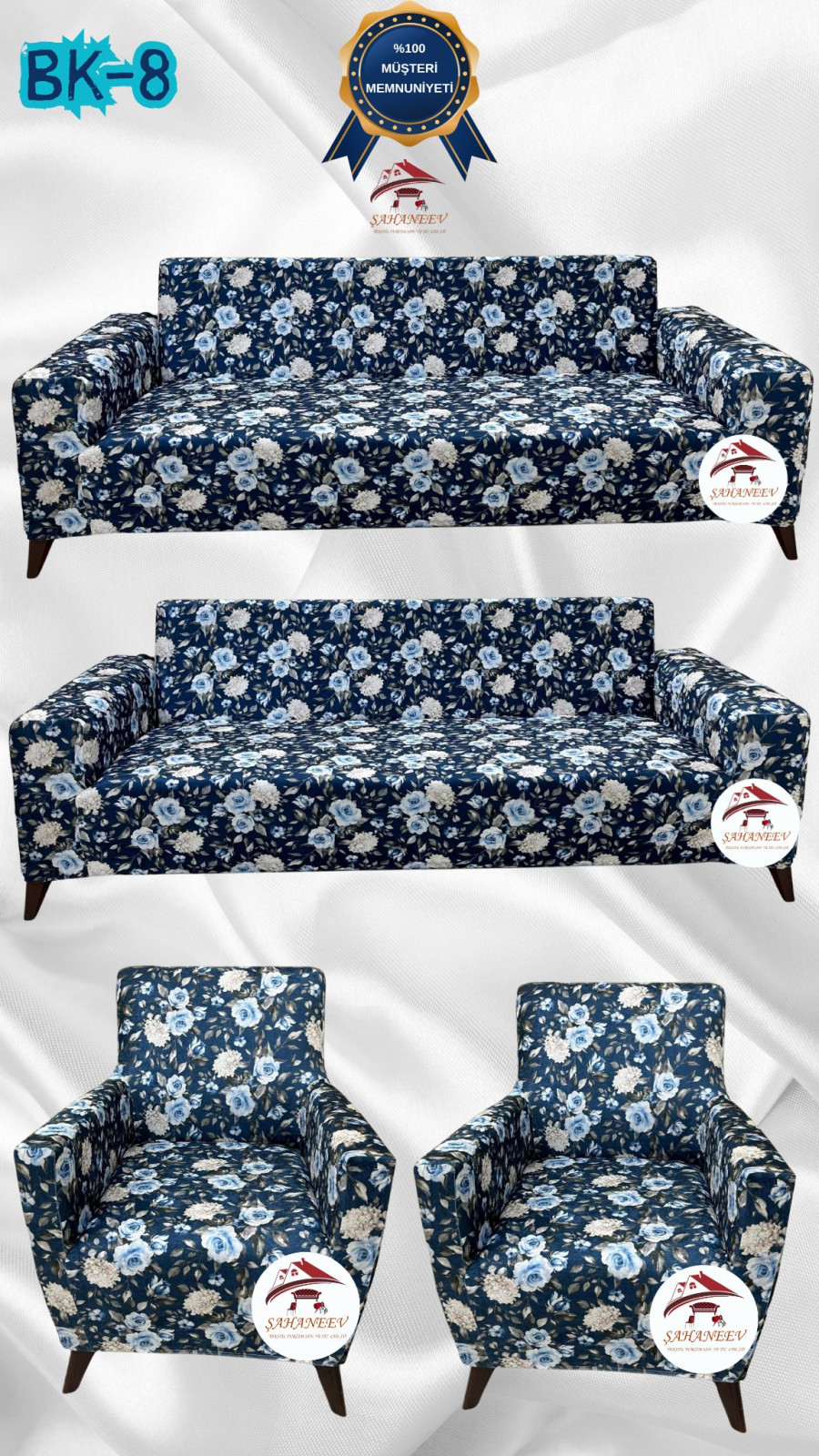 Desenli Baskılı Kadife Giydirme Koltuk Kılıfı - Elastik Esnek Koltuk Takımı Koruyucu Set Model BK-08 Renk 3+3+1+1 (4 Parça Set)