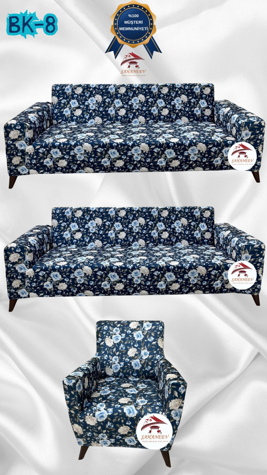 Desenli Baskılı Kadife Giydirme Koltuk Kılıfı - Elastik Esnek Koltuk Takımı Koruyucu Set Model BK-08 Renk 3+3+1 (3 Parça Set)