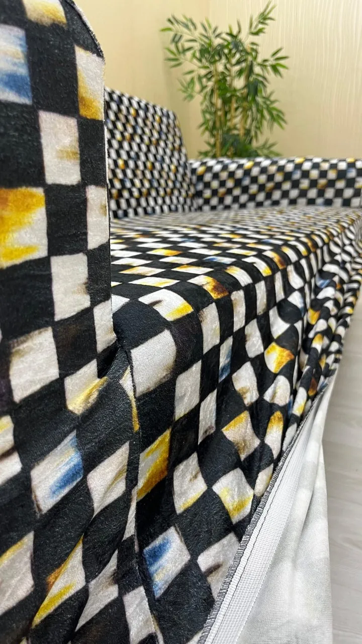 Patterned Printed Velvet Dressing Sofa Cover - Elastic Flexible Sofa Set Protector Set Model BK-09 Color 3+2+2 (3 Piece Set)