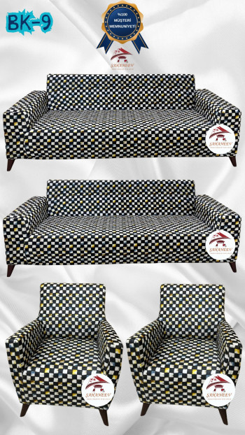 Desenli Baskılı Kadife Giydirme Koltuk Kılıfı - Elastik Esnek Koltuk Takımı Koruyucu Set Model BK-09 Renk 3+3+1+1 (4 Parça Set)