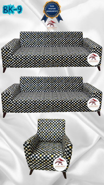 Desenli Baskılı Kadife Giydirme Koltuk Kılıfı - Elastik Esnek Koltuk Takımı Koruyucu Set Model BK-09 Renk 3+3+1 (3 Parça Set)
