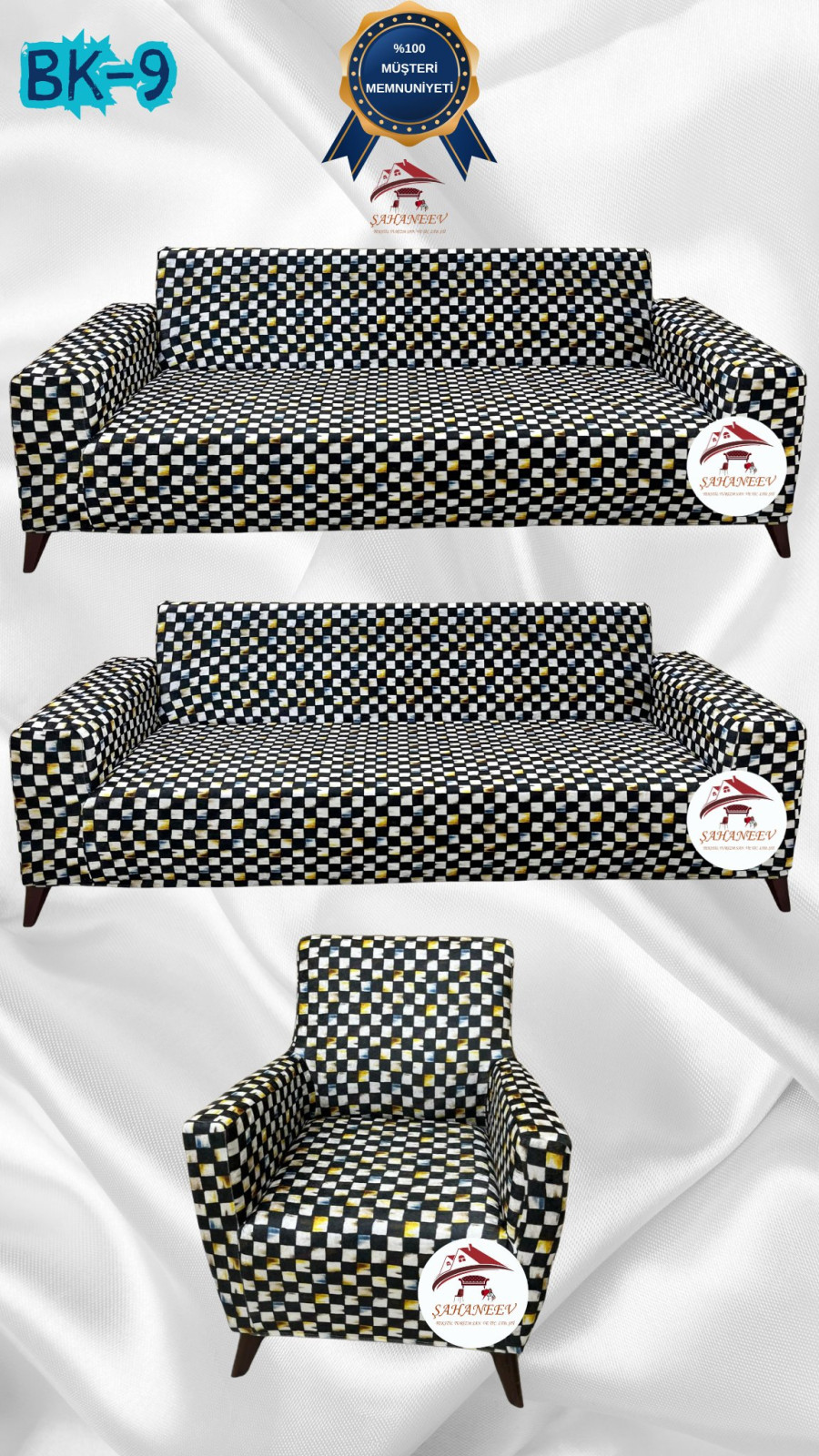 Desenli Baskılı Kadife Giydirme Koltuk Kılıfı - Elastik Esnek Koltuk Takımı Koruyucu Set Model BK-09 Renk 3+3+1 (3 Parça Set)