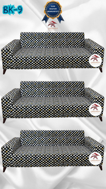 Desenli Baskılı Kadife Giydirme Koltuk Kılıfı - Elastik Esnek Koltuk Takımı Koruyucu Set Model BK-09 Renk 3+3+3 (3 Parça Set)