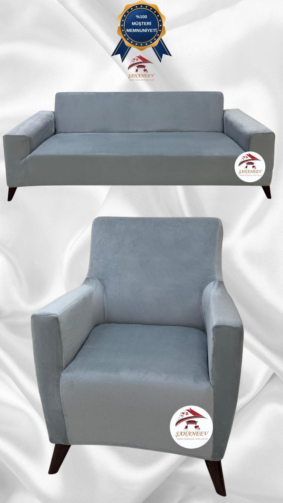 İtalyan Süet Kumaş Elastik Esnek Koruyucu Giydirme Koltuk Örtüsü Açık Gri Renk 3+1 (2 Parça Set)