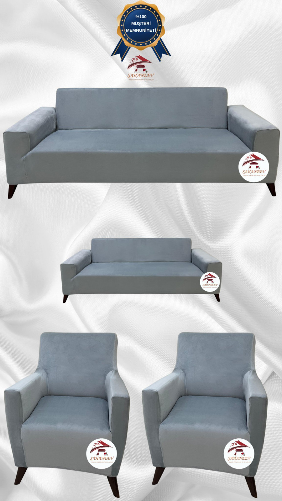 İtalyan Süet Kumaş Elastik Esnek Koruyucu Giydirme Koltuk Örtüsü Açık Gri Renk 3+2+1+1 (4 Parça Set)