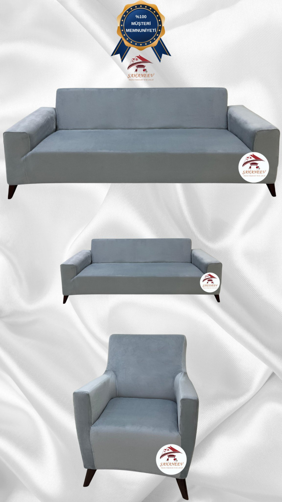 İtalyan Süet Kumaş Elastik Esnek Koruyucu Giydirme Koltuk Örtüsü Açık Gri Renk 3+2+1 (3 Parça Set)