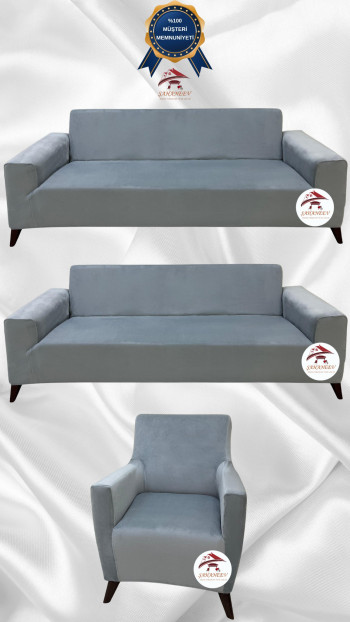 İtalyan Süet Kumaş Elastik Esnek Koruyucu Giydirme Koltuk Örtüsü Açık Gri Renk 3+3+1 (3 Parça Set)