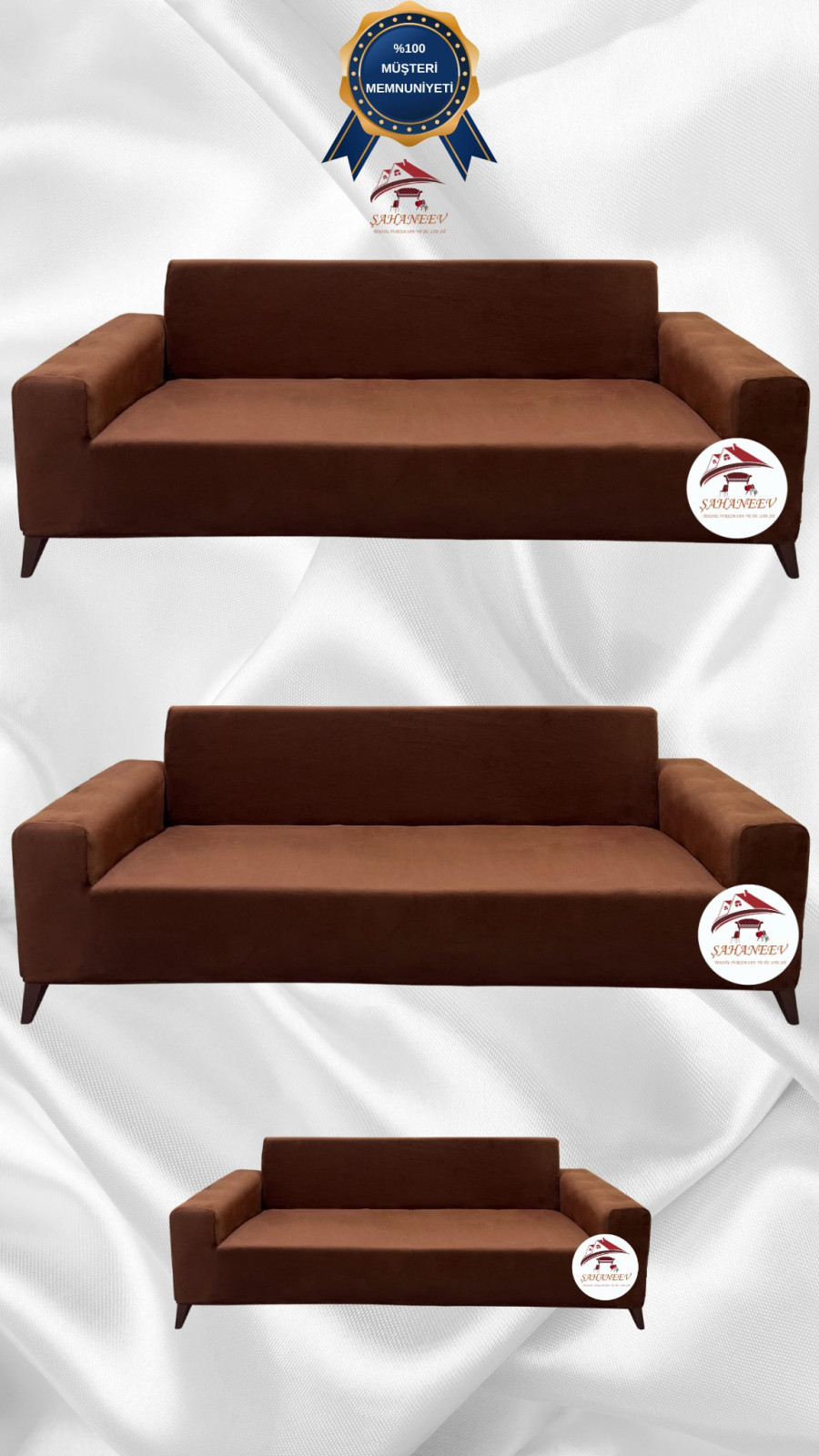 İtalyan Süet Kumaş Elastik Esnek Koruyucu Giydirme Koltuk Örtüsü Kahverengi Renk 3+3+2 (3 Parça Set)