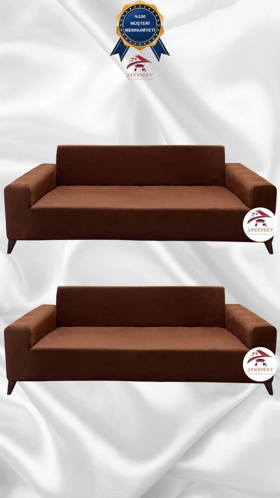 İtalyan Süet Kumaş Elastik Esnek Koruyucu Giydirme Koltuk Örtüsü Kahverengi Renk 3+3 (2 Parça Set)