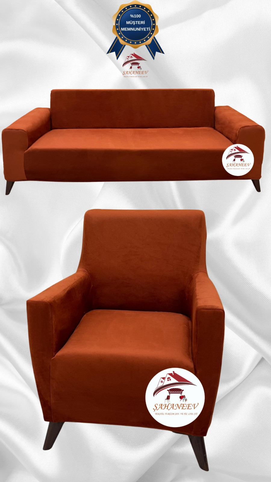 İtalyan Süet Kumaş Elastik Esnek Koruyucu Giydirme Koltuk Örtüsü Kiremit Renk 3+1 (2 Parça Set)