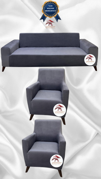 İtalyan Süet Kumaş Elastik Esnek Koruyucu Giydirme Koltuk Örtüsü Koyu Gri Renk 3+1+1 (3 Parça Set)