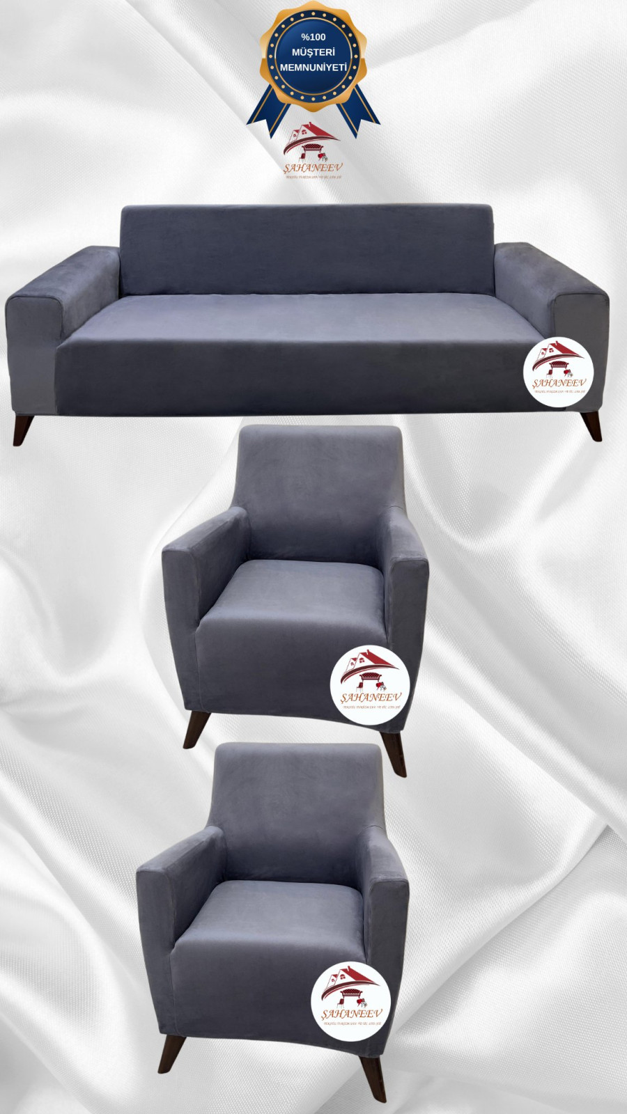 İtalyan Süet Kumaş Elastik Esnek Koruyucu Giydirme Koltuk Örtüsü Koyu Gri Renk 3+1+1 (3 Parça Set)