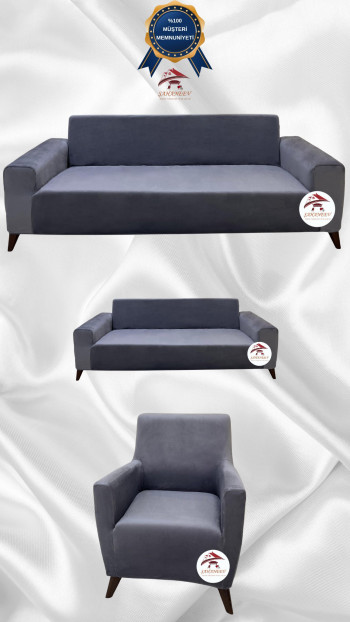 İtalyan Süet Kumaş Elastik Esnek Koruyucu Giydirme Koltuk Örtüsü Koyu Gri Renk 3+2+1 (3 Parça Set)