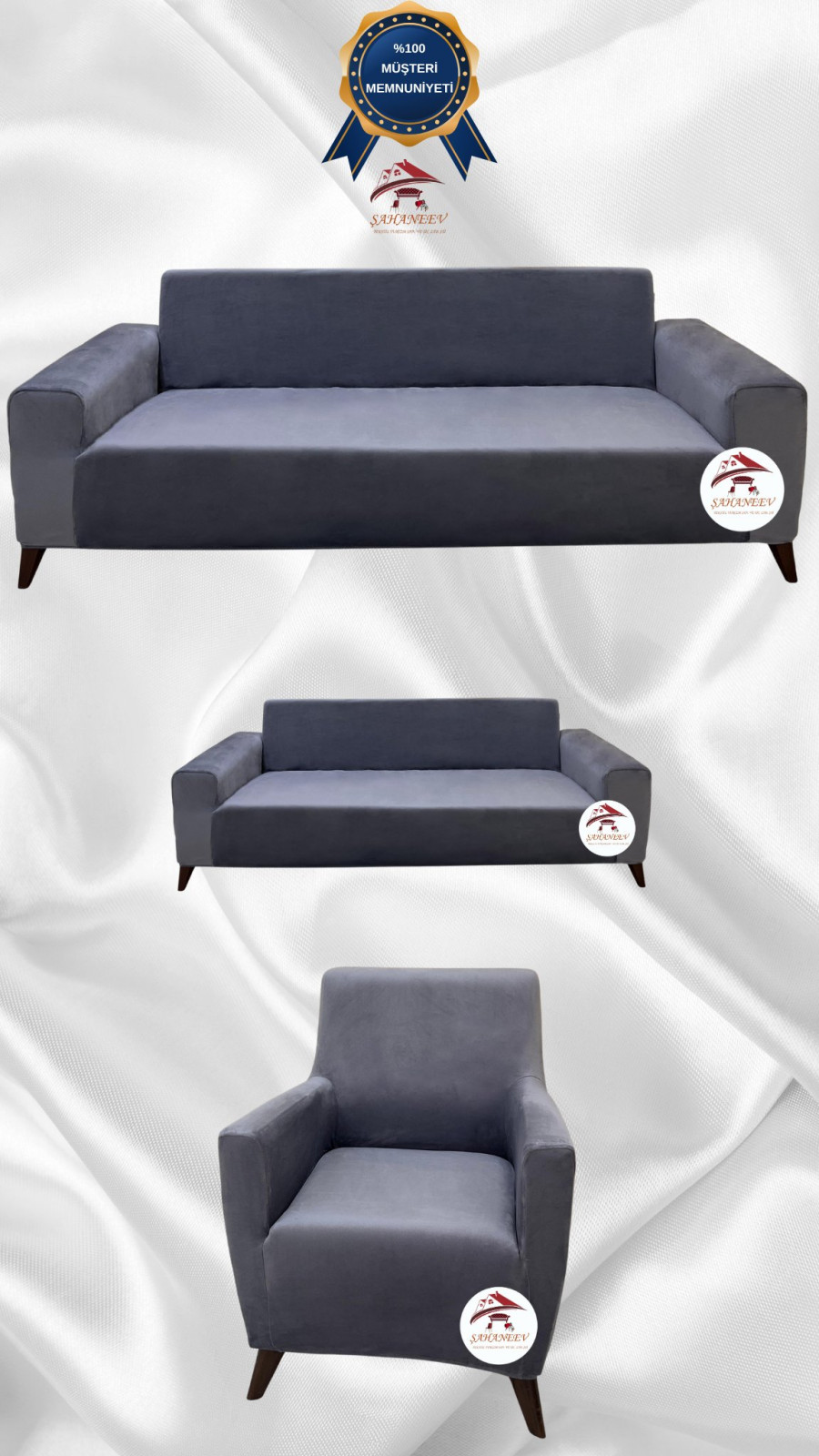 İtalyan Süet Kumaş Elastik Esnek Koruyucu Giydirme Koltuk Örtüsü Koyu Gri Renk 3+2+1 (3 Parça Set)