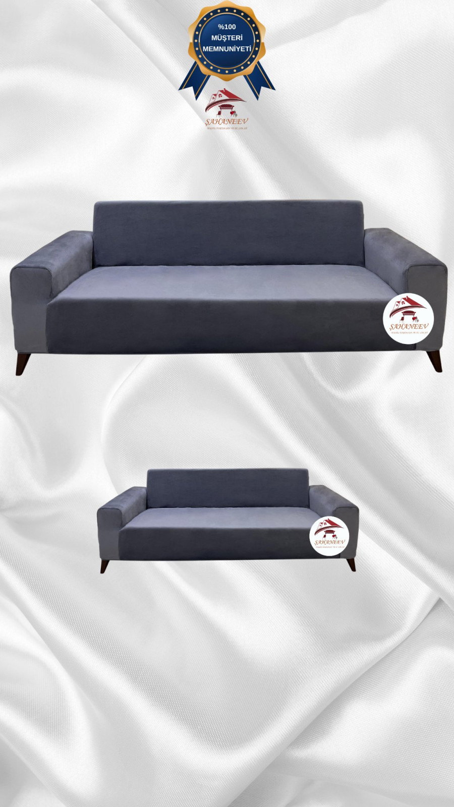 İtalyan Süet Kumaş Elastik Esnek Koruyucu Giydirme Koltuk Örtüsü Koyu Gri Renk 3+2 (2 Parça Set) Özel Ölçü