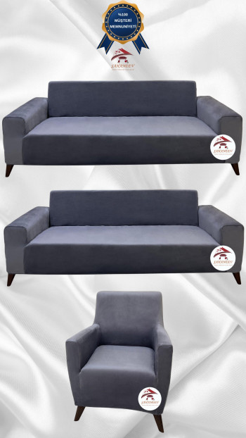 İtalyan Süet Kumaş Elastik Esnek Koruyucu Giydirme Koltuk Örtüsü Koyu Gri Renk 3+3+1 (3 Parça Set)